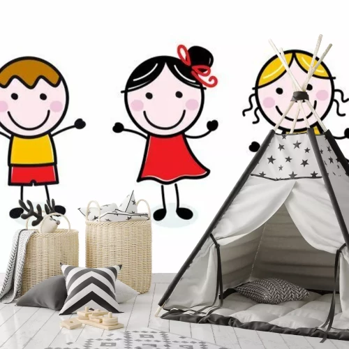 Sticker Doodle glückliche Kinder Gruppe isoliert auf weiß