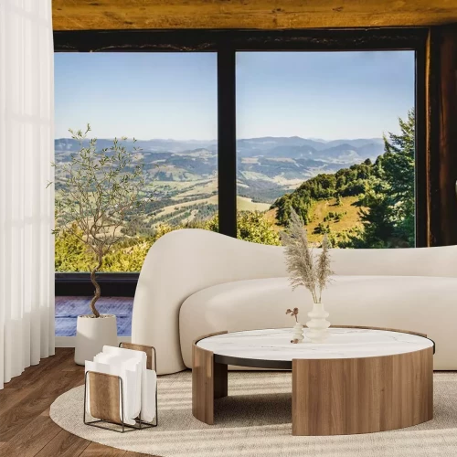 Fototapete Sommerfeld und Berge durch das Fenster gesehen