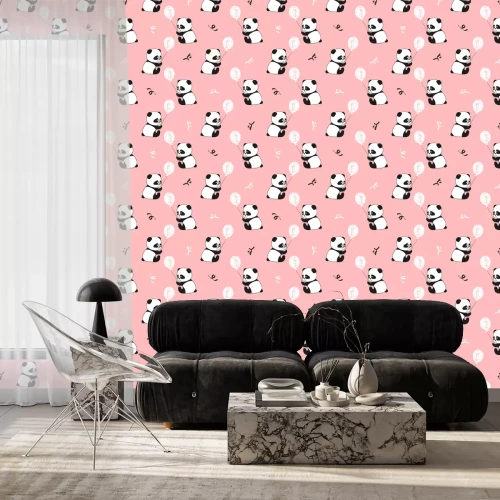 Tapete Pandas mit Luftballon auf rosa Hintergrund
