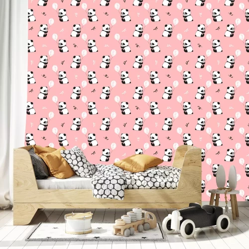 Tapete Pandas mit Luftballon auf rosa Hintergrund
