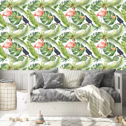 Tapete Tukanen und Flamingos vor dem Hintergrund der grünen Blättern