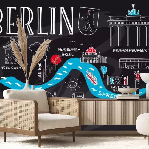 Sticker Berlin, Wahrzeichen und Sehenswürdigkeiten auf Tafel gezeichnet