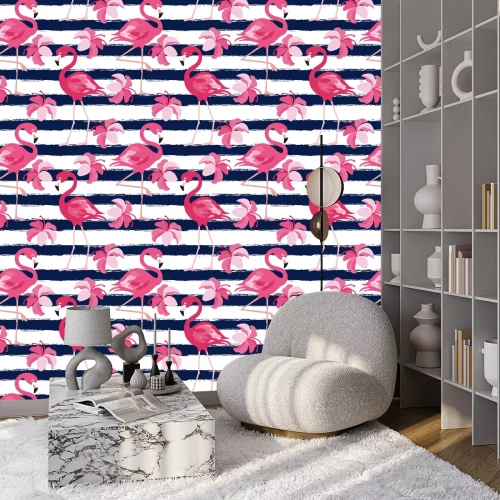 Tapete Flamingos und rosa Blumen auf gestreiftem Hintergrund