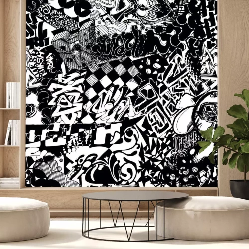 Sticker Schwarz-Weiß-nahtlose Muster Graffiti, Aufkleber Bombardierung