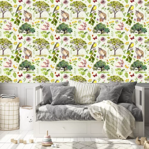 Tapete Wald und Park: Vogel, Kaninchen Tier, Baum, Blätter, Blumen, Gras. Nahtlose Muster. Aquarell