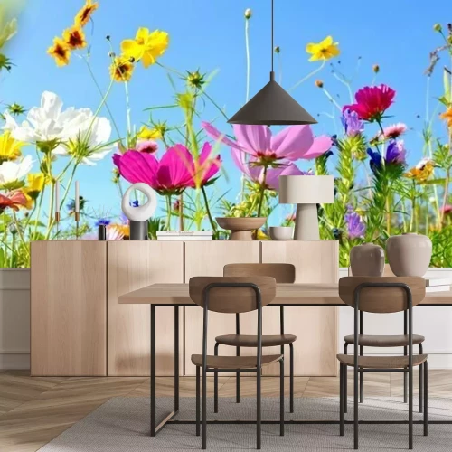 Fototapete Wiese Blumen und Himmel