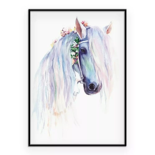 Poster Das blaue Pferd mit Blumen in der Mähne. Ursprüngliche Aquarellmalerei.