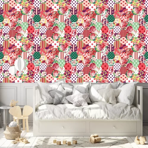 Tapete Zusammenfassung Patchwork mit Blumen, Rosen, Punkte und Sterne Vektor nahtlose Muster Hintergrund