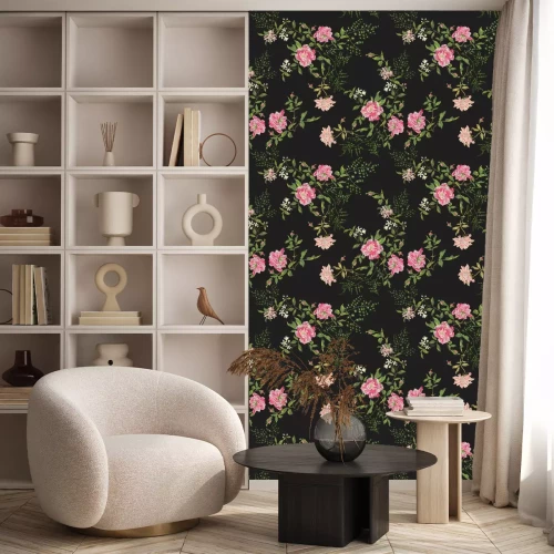 Tapete Rosen auf schwarzem Hintergrund kleine Blumen