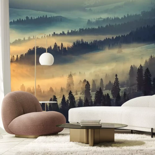 Fototapete Schwarze bäume im bunten nebel