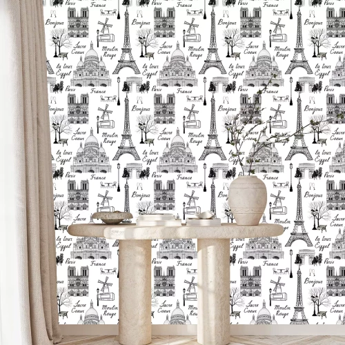 Tapete Reisen Paris nahtlose Muster. Urlaub in Europa wallpaper. Reise zu berühmten Orten von Frankreich Hintergrund zu besuchen. Landmark gefliester Grunge-Muster.
