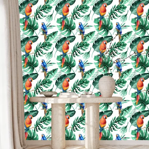 Tapete Exotische Papageien auf Blättern