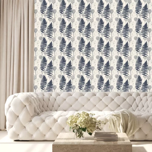 Tapete Blumenmuster mit Farnblättern, Löwenzahn und Gräsern.