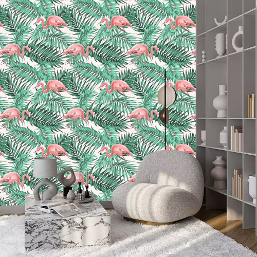 Tapete Motiv mit inmitten von Blättern versteckten Flamingos