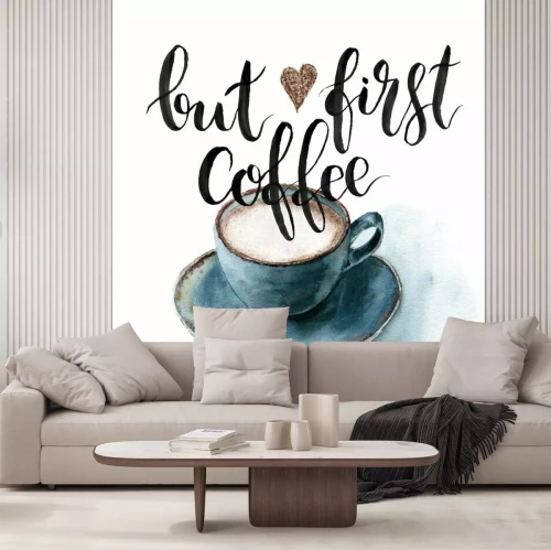 Sticker Aquarell Aber erste Kaffeetasse. Hand bemalte Tasse Kaffee mit Schriftzug isoliert auf weißem Hintergrund. Für Design, Stoff oder Druck.