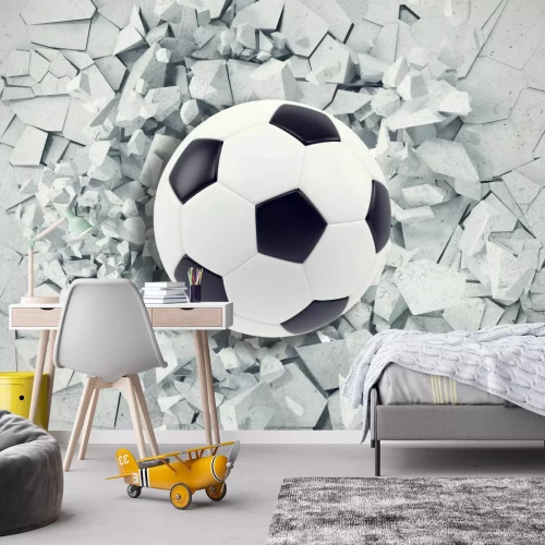 Fototapete Sport Illustration mit Fußball in rissige Wand kommen. Gebrochene Beton Erde abstrakten Hintergrund. 3D-Rendering