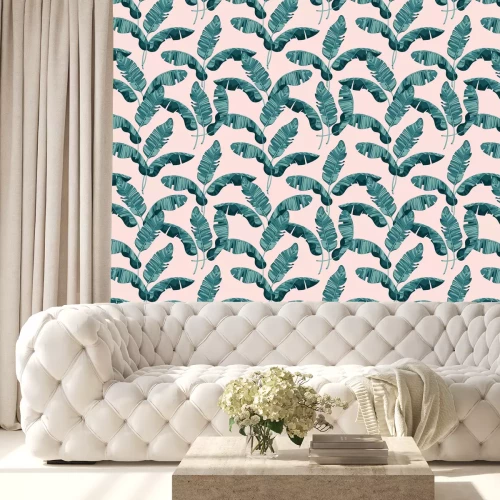 Tapete Bananenblätter auf rosa Hintergrund
