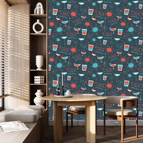 Tapete Mittleres Jahrhundert USA patriotisches Muster. Retro Jahrgang fünfziger Jahre Stil Vektor pattern.Fifties Stil nahtlose Muster, das Cocktails, Getränke und Getränke auf sie und liest USA-Party.