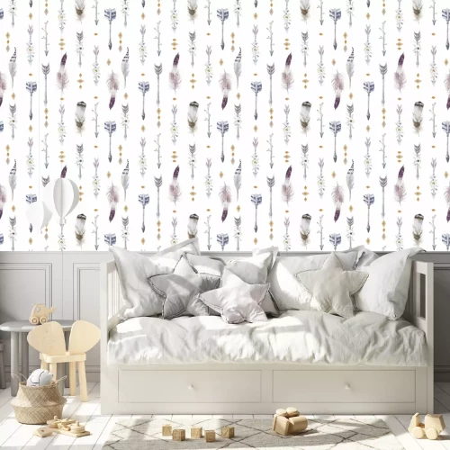 Tapete Aquarell boho nahtlose Muster mit Tipi, Pfeile und Federn. Dekoration native Tribal print.Bohemian aztec tomahawk ethnischen Design. Aquarell Kunst Tapete. Isoliert auf weiß.