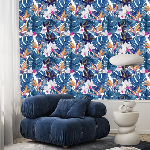 Tapete Aquarell nahtlose tropische Muster mit exotischen Pflanzen. Palm und deliciosa Blätter. Orchidee und Paradiesvogel Blumen