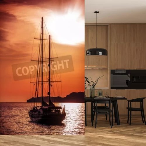 Fototapete Segelboot mit der untergehenden Sonne