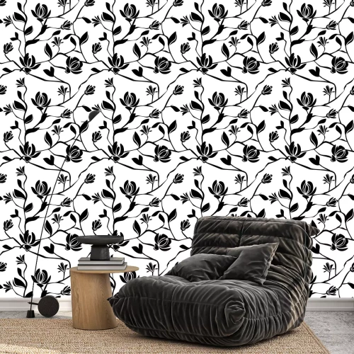 Tapete Magnolien blühen schwarz und weiß nahtlose Muster auf weißem Hintergrund.