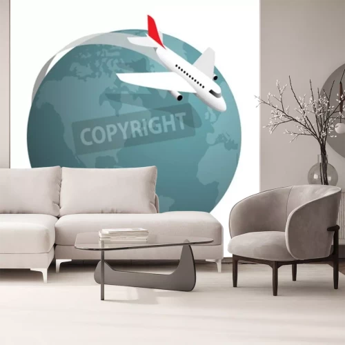 Sticker Flugzeug fliegen rund um den Globus, Vektor-Illustration auf weiß