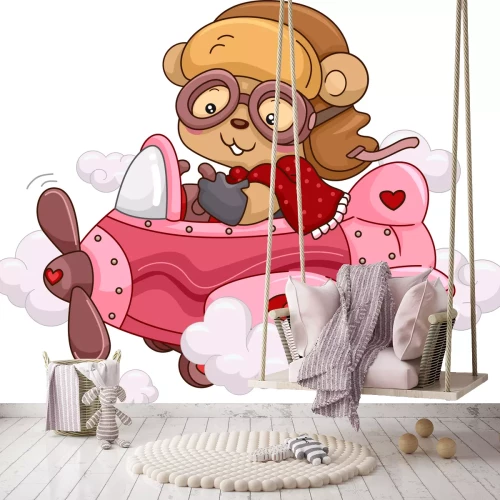 Sticker Illustration eines weiblichen Bären Reiten ein nettes rosa Flugzeug
