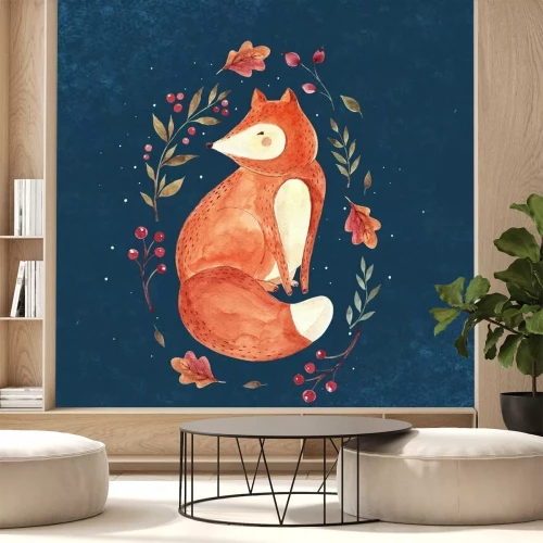 Sticker Aquarell-Illustration mit sitzen Fuchs und floral Kranz auf dunklem Hintergrund