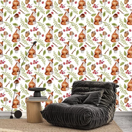 Tapete Aquarell Füchse Pflanzen und Eicheln