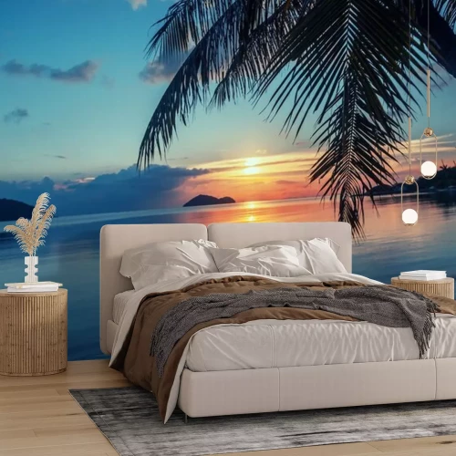 Fototapete Palme am Strand bei Sonnenuntergang