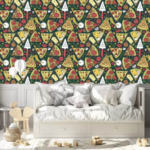 Tapete Grafische Pizzastücke und Zutaten