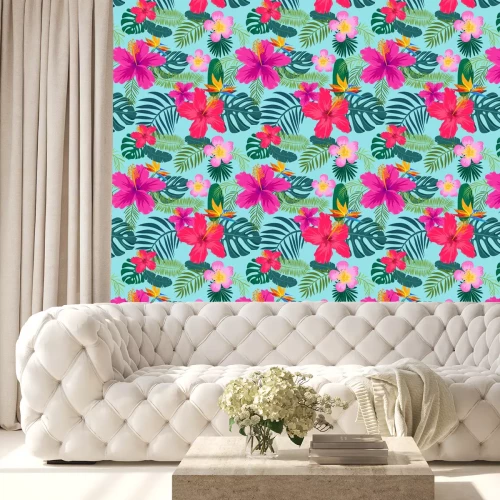 Tapete Tropische nahtlose Muster mit Palmblättern und Blumen