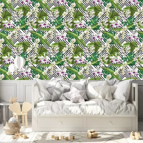 Tapete Nahtlose Vektor-Muster von Hand gezeichneten Blumen und Blätter. Tropischer Hintergrund.