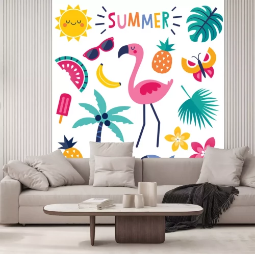 Sticker Flamingo auf einer Urlaubsillustration