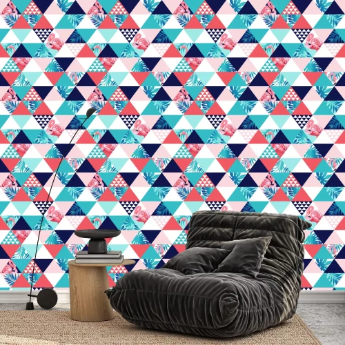 Tapete Geometrisches Muster mit Flamingos und Blättern