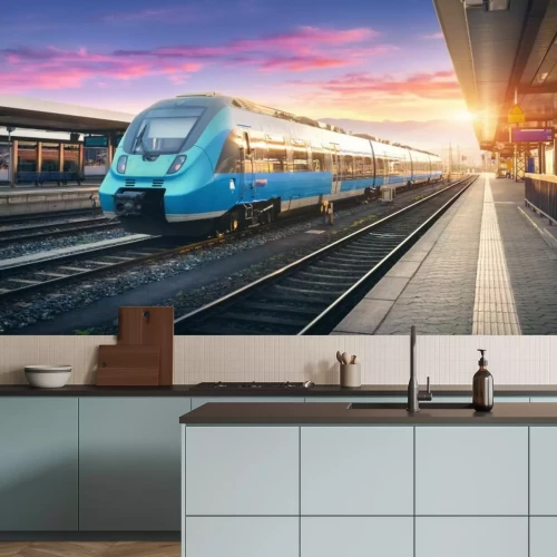 Fototapete Zug im Bahnhof in den Strahlen der untergehenden Sonne