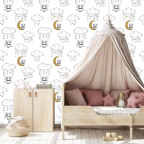 Tapete Panda kleine Wolken und Sterne