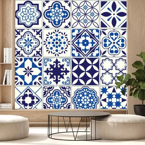 Sticker Vektor Fliesenmuster, Lissabon floralen Mosaik, mediterrane nahtlose navy blau Ornament