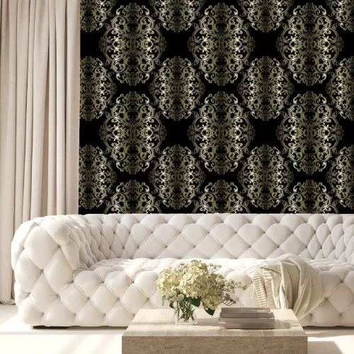 Tapete Barock nahtlose Muster. Schwarz floral Damast Hintergrund Tapeten Illustration mit Gold Vintage Blumen, Scroll Swirl Kunst Linie Blätter und antiken 3d barock Ornamente. Vector Oberfläche dunklen Text