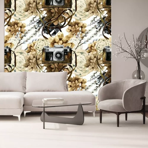 Sticker Aquarellmuster mit Vintage-Kamera und Sukkulenten