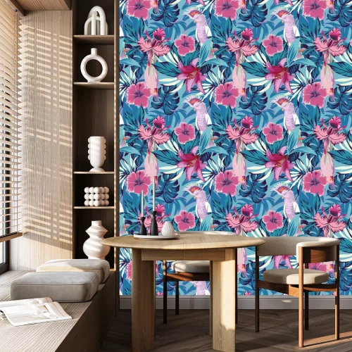 Tapete Rosa Papagei Blumen und Pflanzen blauen Hintergrund
