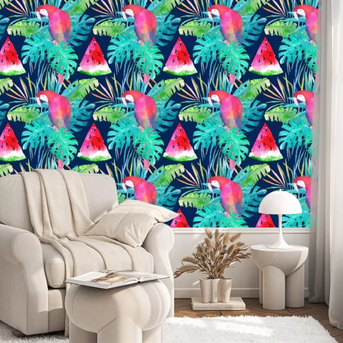 Tapete Sommermuster mit Aquarell Papagei, Palmblätter und Wassermelone. Bunte Illustration