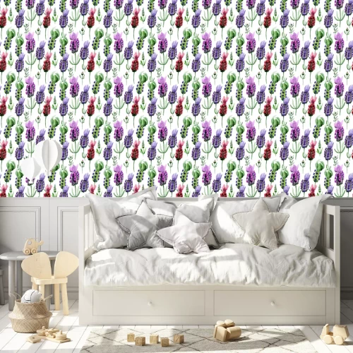 Tapete Aquarell-Lavendelblüten auf weißem Hintergrund