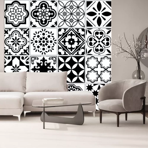 Sticker Vector Fliesenmuster, Lissabon Blumen Mosaik, mediterrane nahtlose Schwarz-Weiß-Ornament