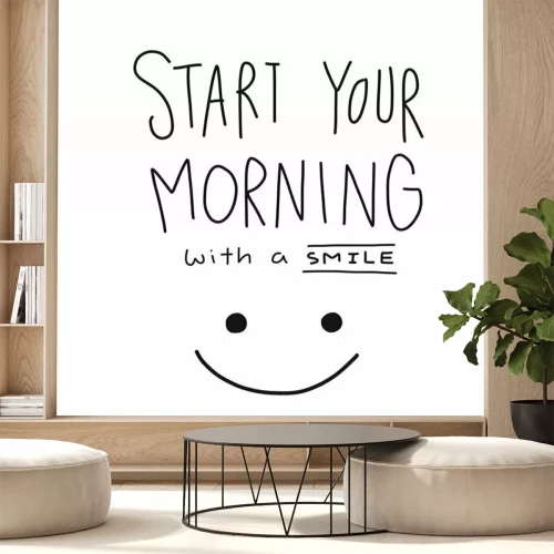 Sticker Beginnen Sie Ihren Morgen mit einem Lächeln Wort und Gesicht Vektor-Illustration
