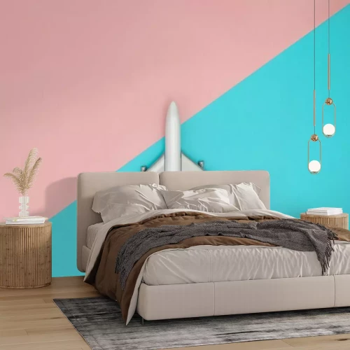 Sticker Spielzeug Flugzeug auf blau und rosa Pastell Kopie Raum