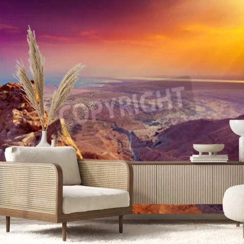 Fototapete Wüste Felsen und Sonnenuntergang