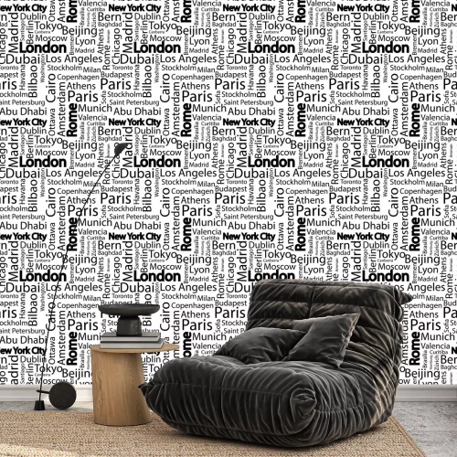 Tapete Städte der Welt nahtlose Muster. Die Namen der Städte der Welt. Kunst nahtlose Vektor-Muster Hintergrund mit Namen der Städte. Nahtlose Muster mit Namen der Städte.