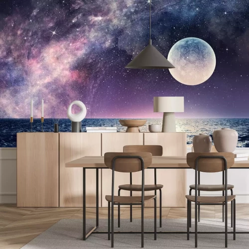 Fototapete Das Meer mit einem riesigen Mond und einem Sternenhimmel